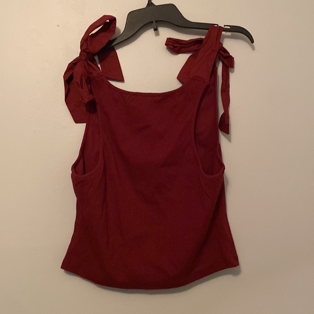 NEW ENGLISH FACTORY Mixed Media Shoulder Tie Rib Henley Tank - Burgundy - Picture 5 of 5